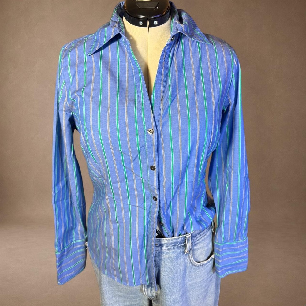 Attention Vintage Blue Green Striped Button Up Shirt Long Sleeve Preppy Y2K L